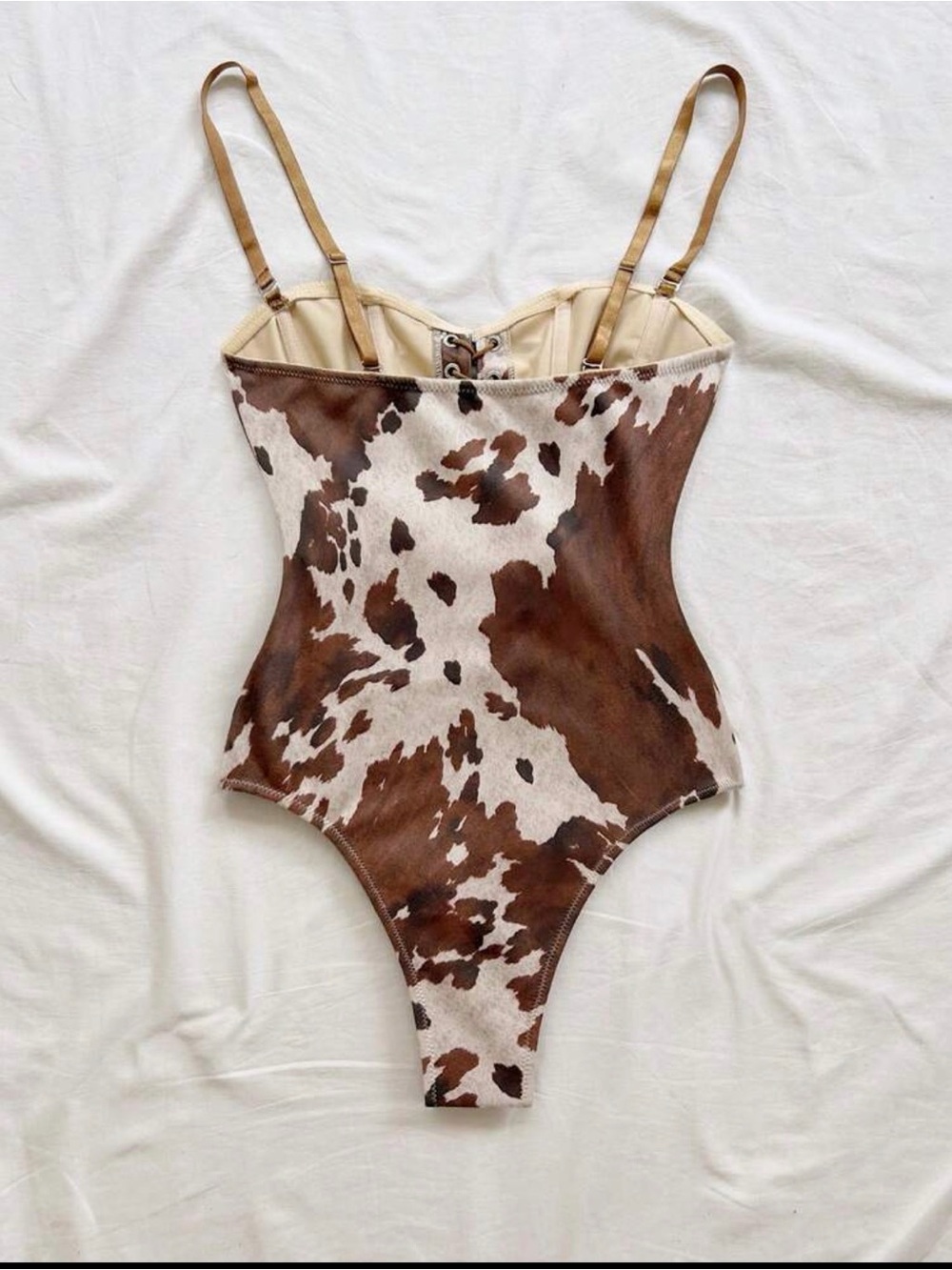 Cow Print Lace-Up One-Piece bodysuit in Brown - Picture 2 of 5